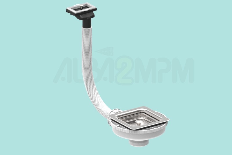 Square waste bowl with horizontal rectangular overflow circular section for corrugated flexible tubing